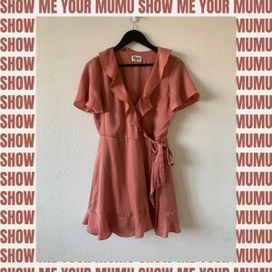 Show Me Your MuMu Samantha Wrap Dress Pink Satin Ruffle Mini